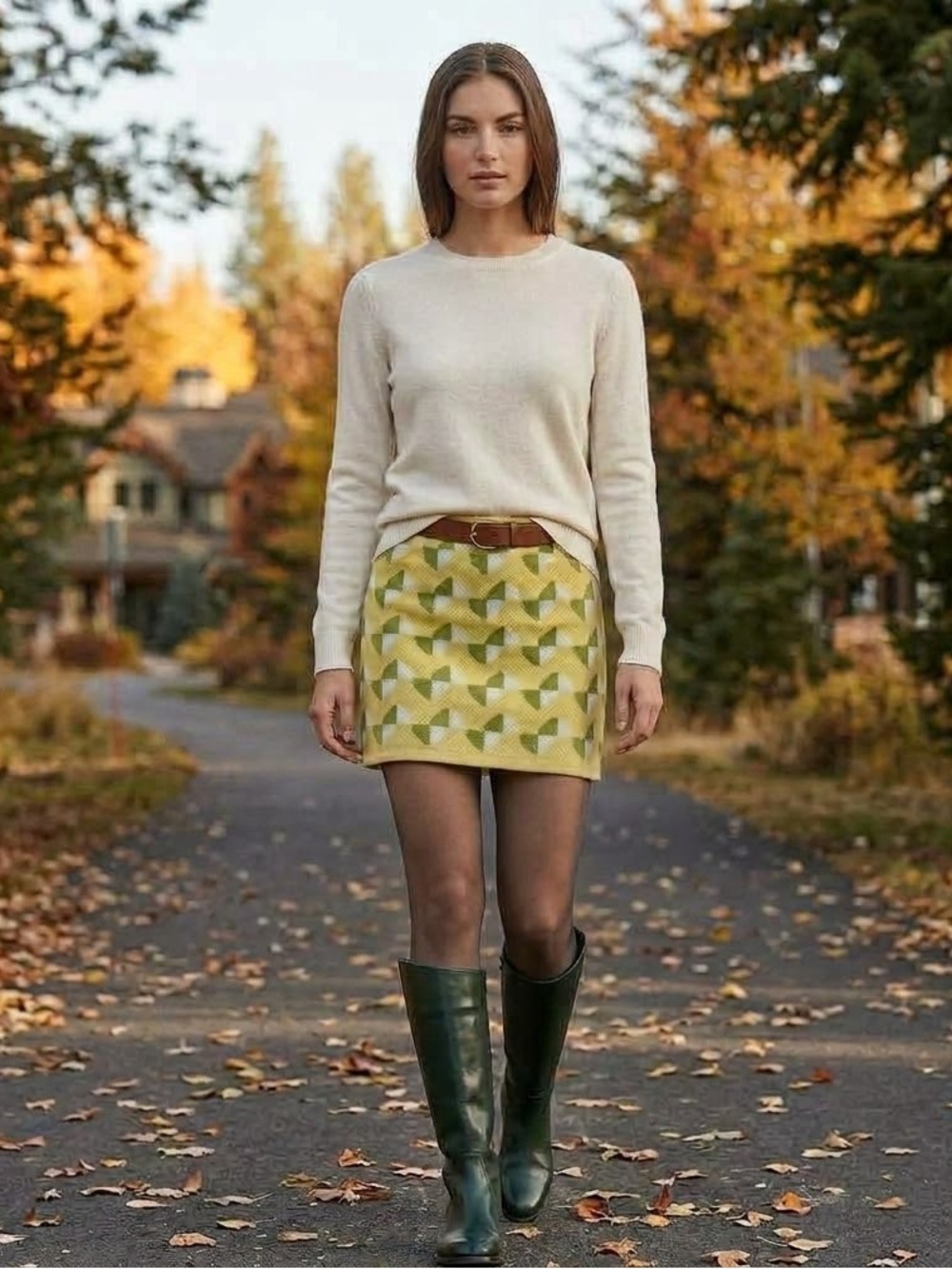 Emory Park Yellow Geometric Knit Mini Skirt with Green Accents